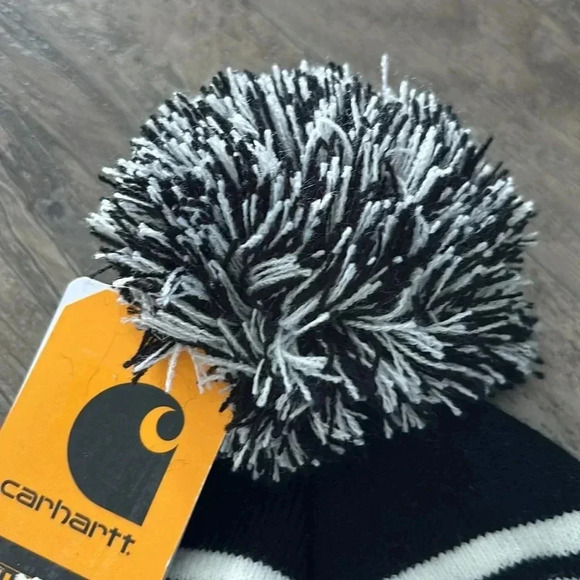 Carhartt Knit Cuffed Pom-pom,logo graphic beanie,striped black & white,OS unisex - Picture 3 of 7